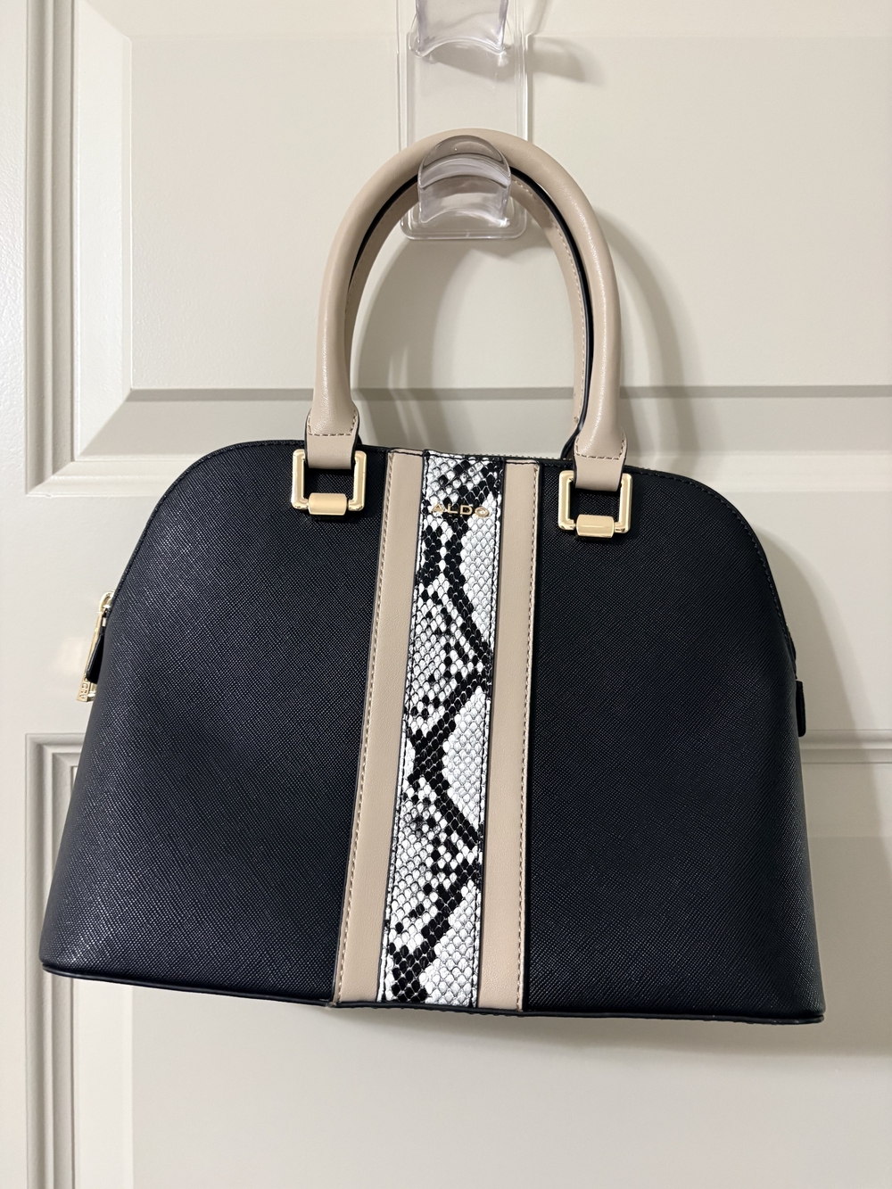Aldo Black and Beige Satchel with Snake-Print Stripe